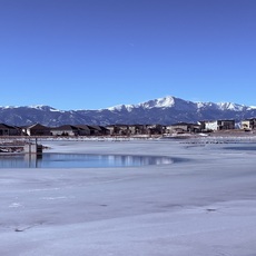 Pikes Peak from Wolf Lake, Colorado Springs, Colorado. December, 2025.
